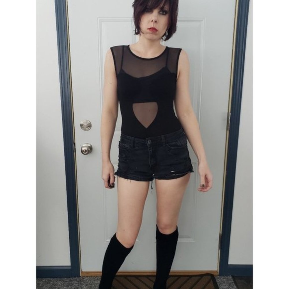 Black Bodysuit with Plunging Neckline and Sheer Panels